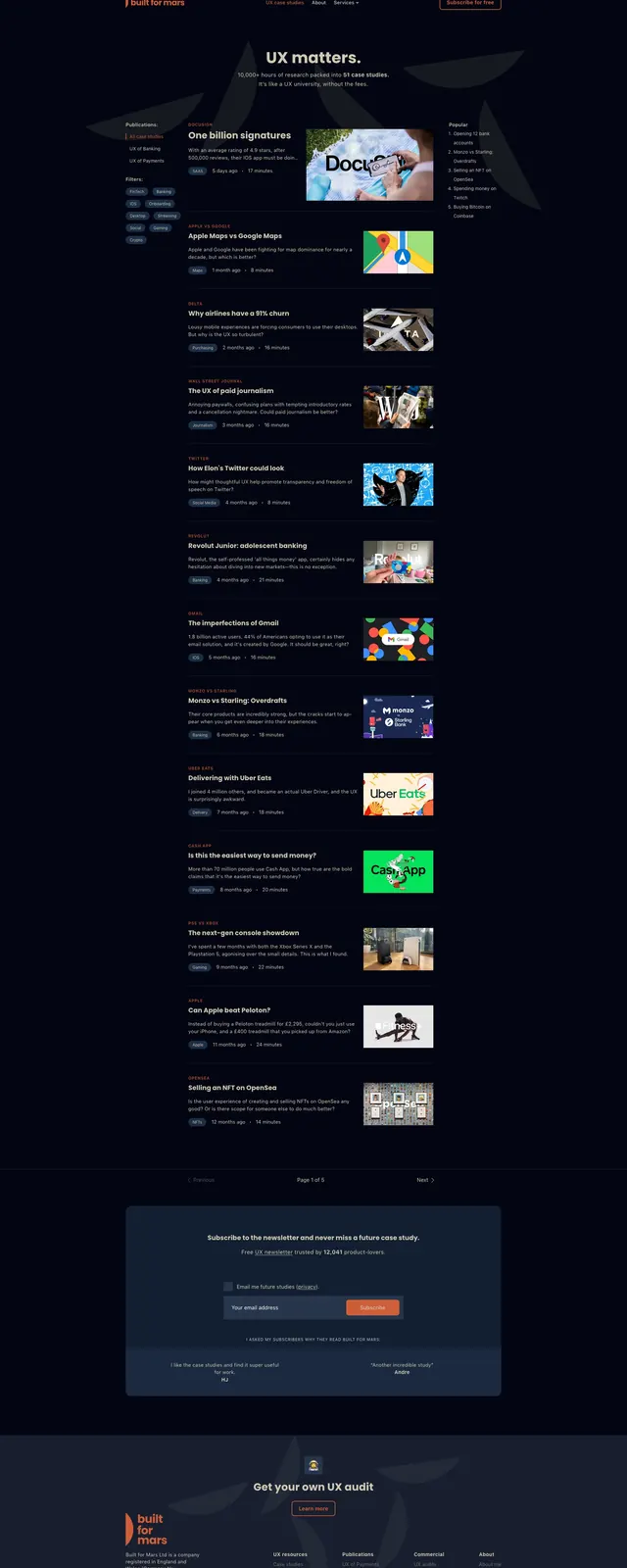 Built for Mars content hub, dark-mode, editorial, dark
