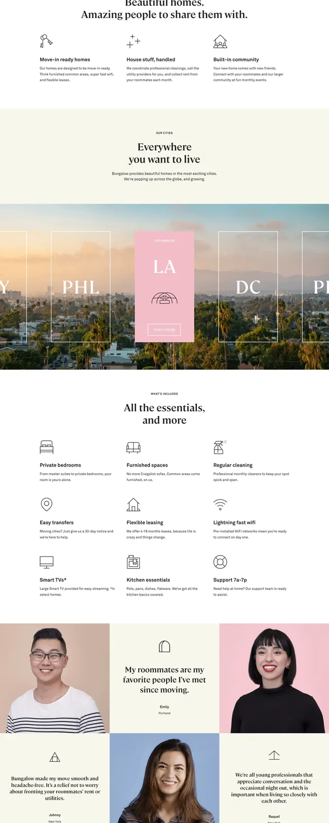 Bungalow homes landing page, light-mode, editorial, light