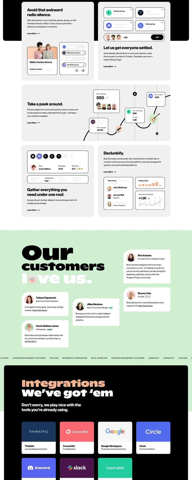 Burb creator community landing page, dark-mode, editorial, dark