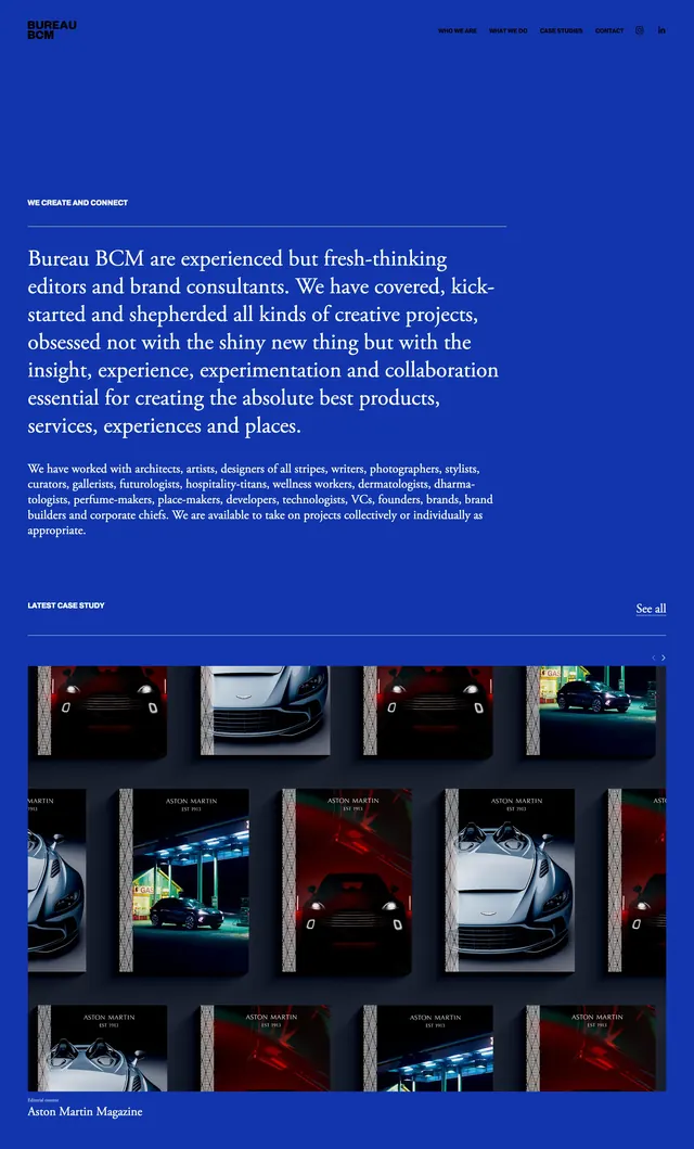 Bureaubcm blue editorial site, editorial, luxury, dark