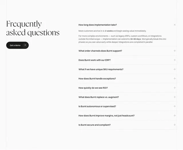 Burnt FAQ with demo CTA, minimal, editorial, light