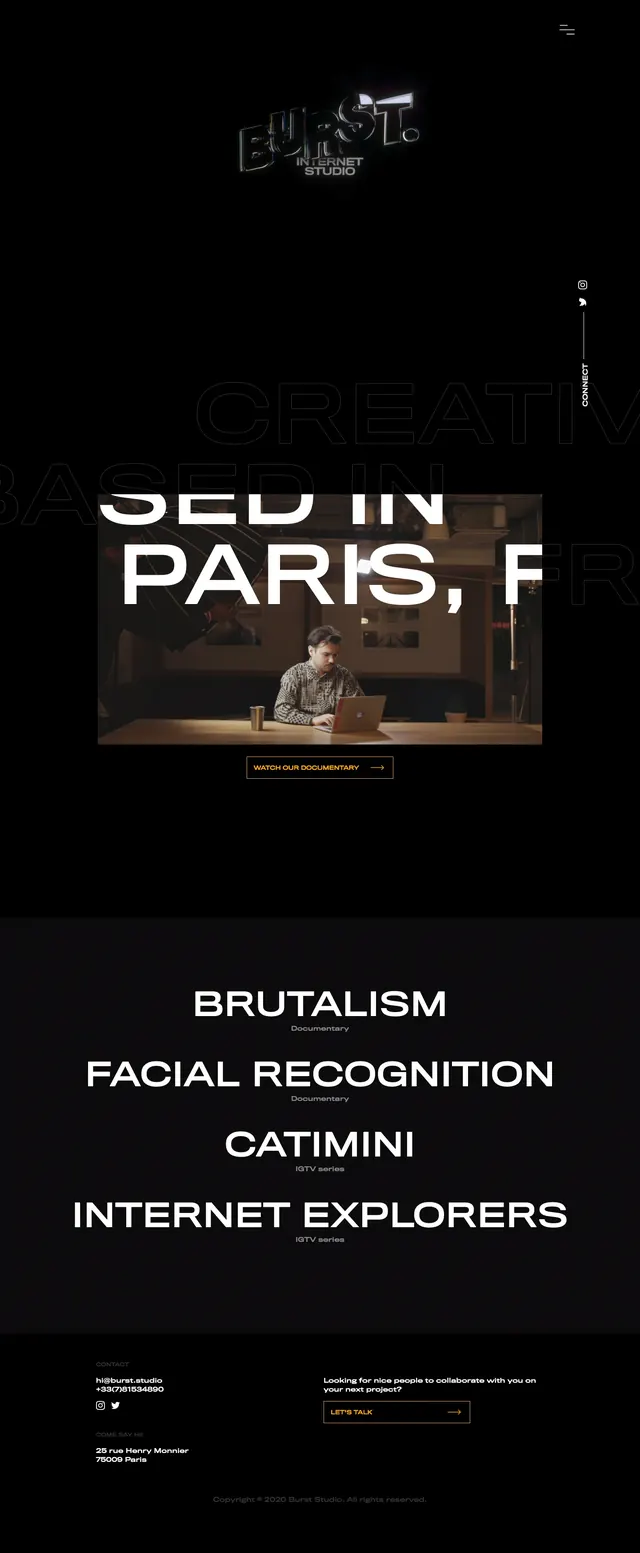 Burst Studio brutalist landing page, brutalist, editorial, dark