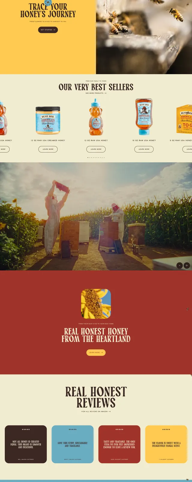 Busy Bee Honey landing page, editorial, retro, warm