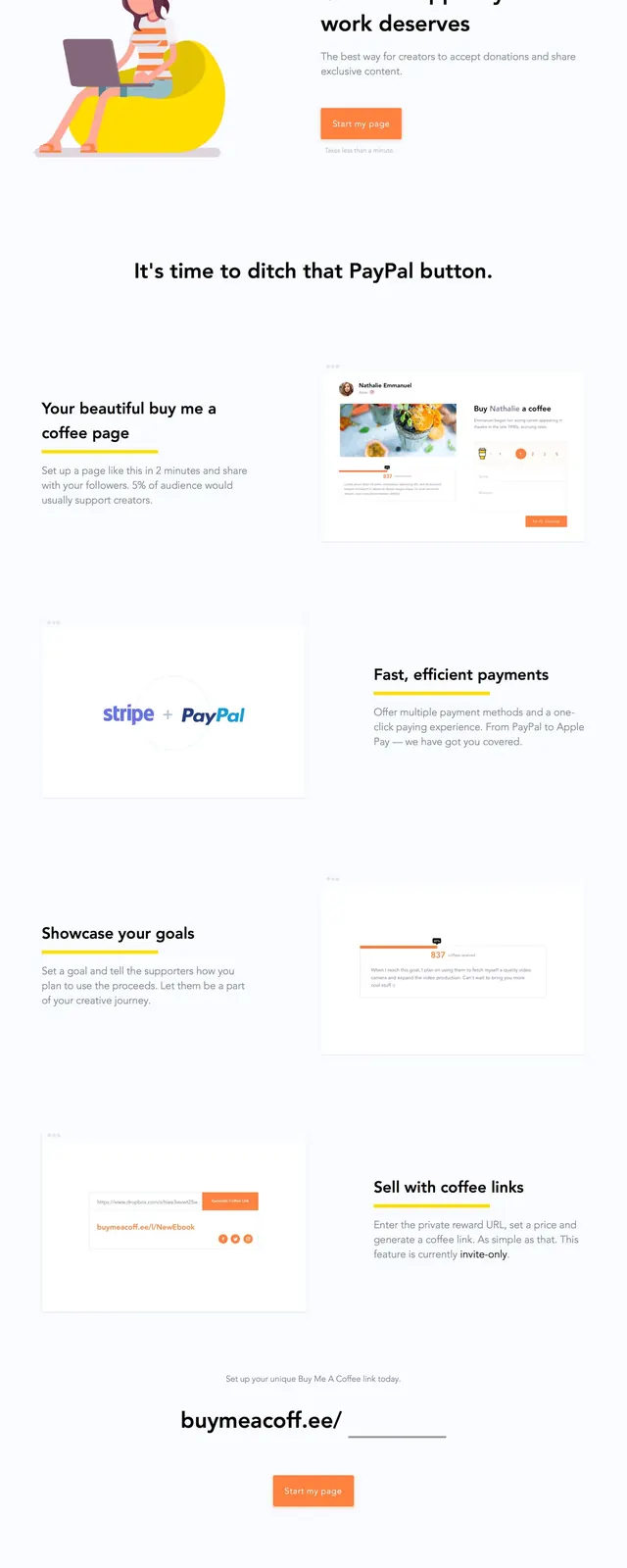 Buy Me a Coffee Landing Page, minimal, illustrated, light