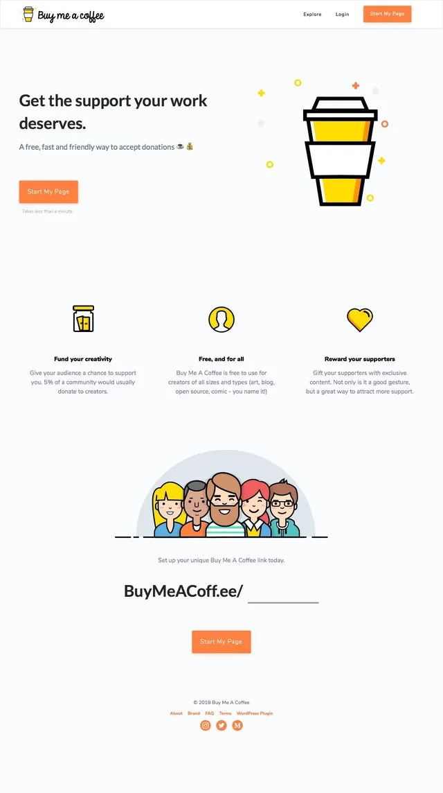 Buy Me a Coffee Landing Page, illustrated, light-mode, light
