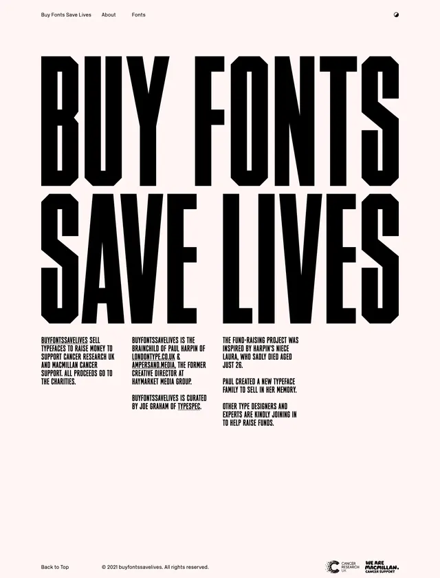 Buy Fonts Save Lives hero, brutalist, editorial, light
