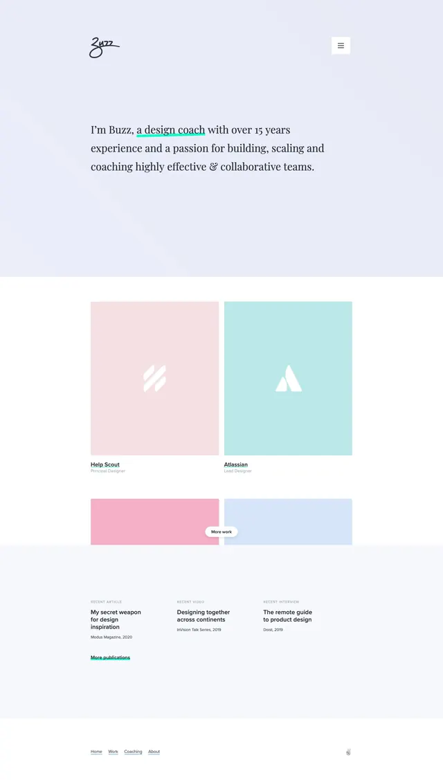 Buzz Uborne portfolio landing page, minimal, editorial, light