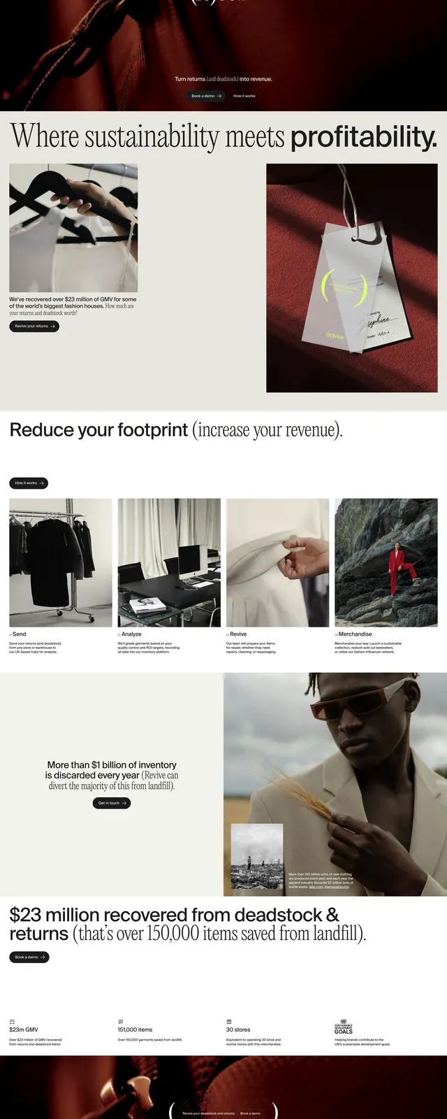Byrevive editorial sustainability landing page, editorial, luxury, dark