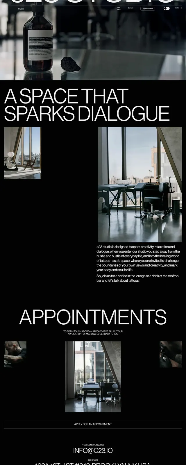 C23 Studio editorial landing page, editorial, dark-mode, dark