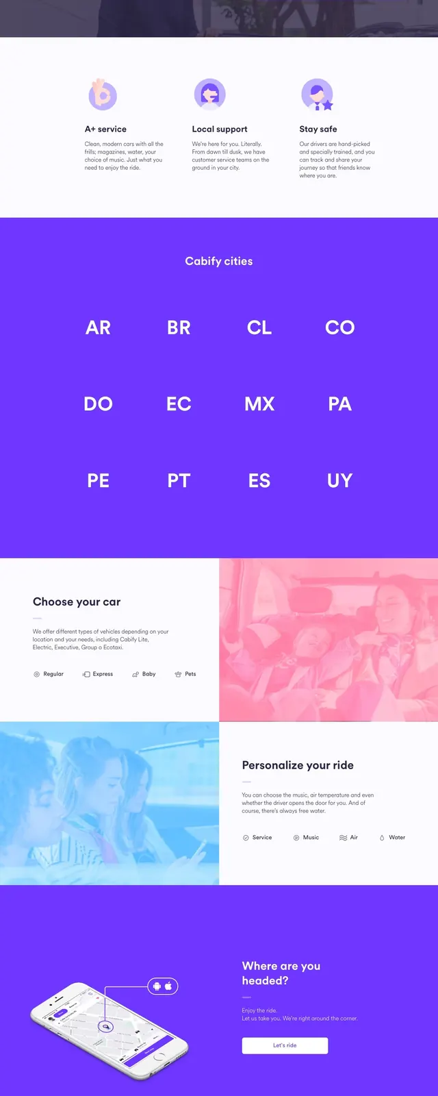 Cabify ride-hailing homepage, illustrated, light-mode, light