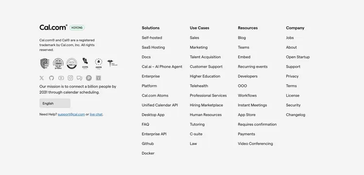 Cal.com Footer Section, light-mode, minimal, light