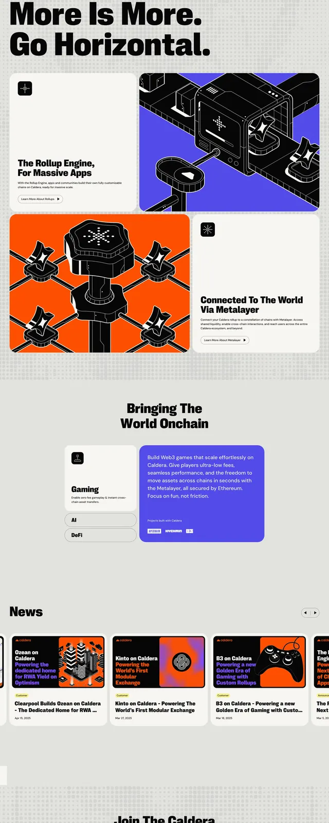 Caldera chain ecosystem landing page, gradient-heavy, editorial, light