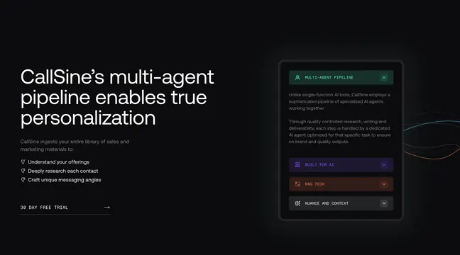 CallSine multi-agent pipeline feature, minimal, dark-mode, dark