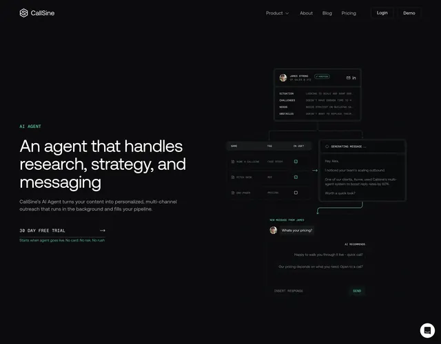 CallSine AI agent hero, minimal, dark-mode, dark