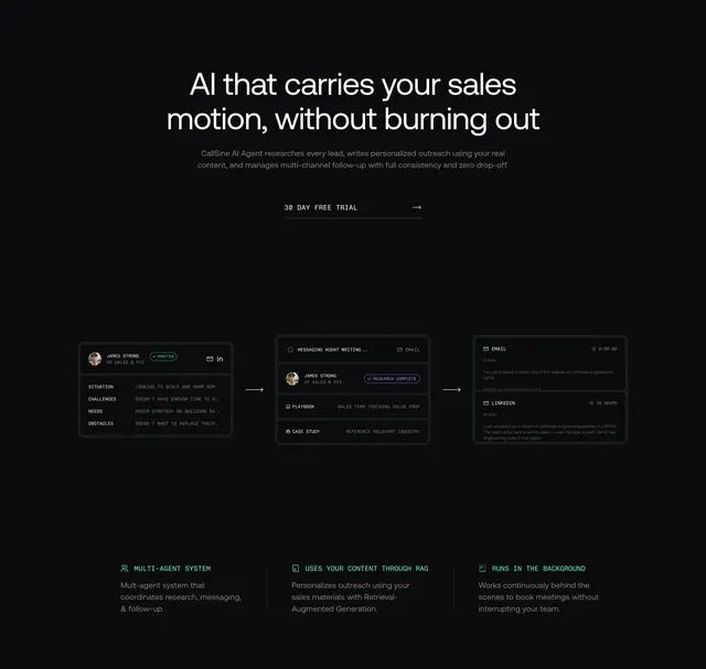CallSine AI sales motion CTA with workflow diagram, minimal, dark-mode, dark