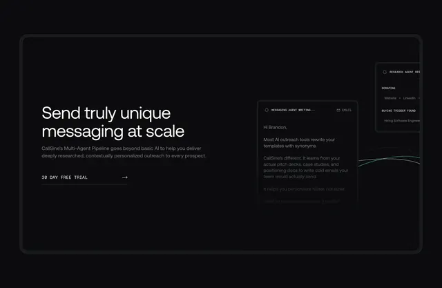 CallSine messaging scale split CTA, minimal, dark-mode, dark