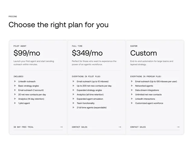 CallSine three-tier agent pricing table, minimal, light-mode, light