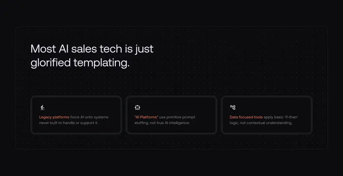 CallSine AI sales tech problem cards, minimal, dark-mode, dark