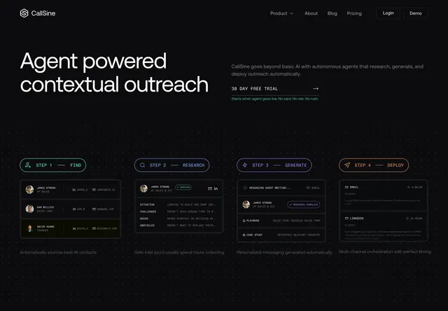 CallSine four-step agent outreach hero, minimal, dark-mode, dark