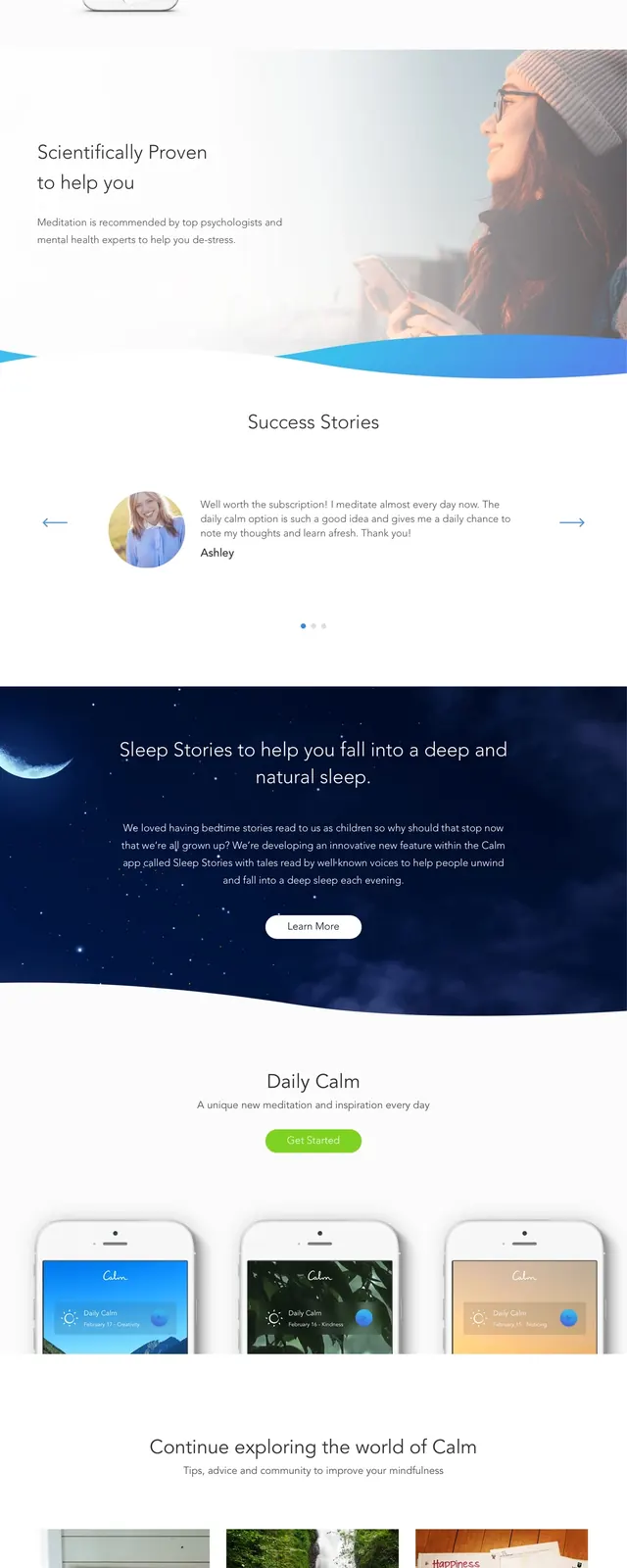 Calm App Landing Page, photographic, organic, cool