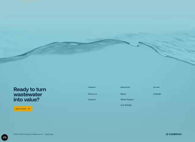 Cambrian water ripple footer with CTA, minimal, light-mode, light