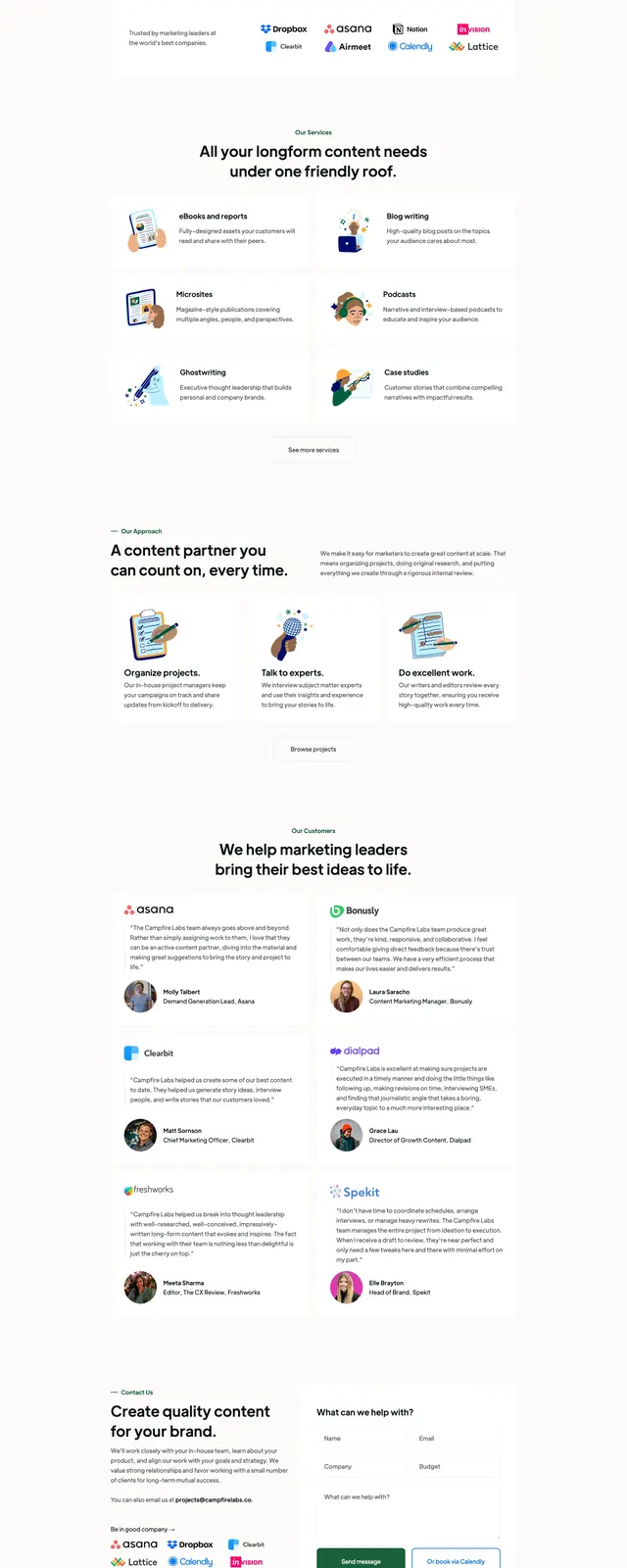 Campfire Labs content marketing landing page, minimal, corporate-clean, light