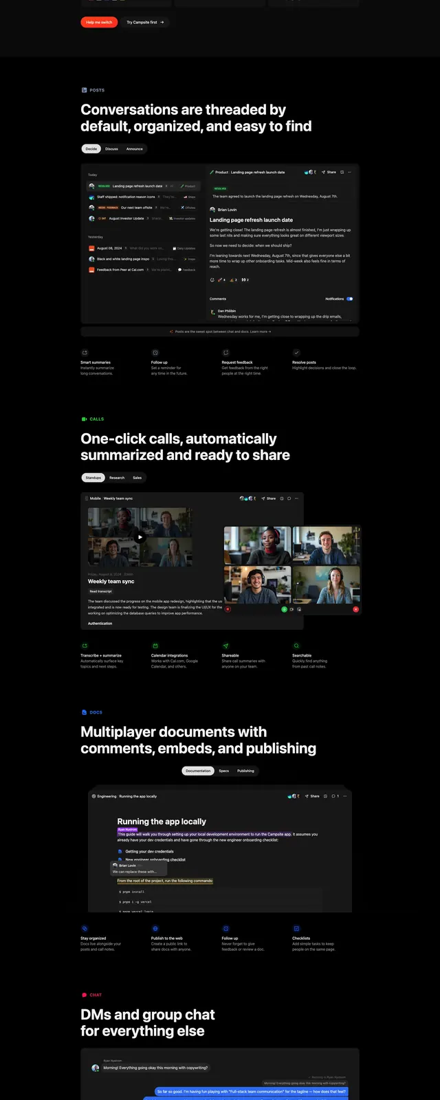 Campsite dark landing page, dark-mode, minimal, dark