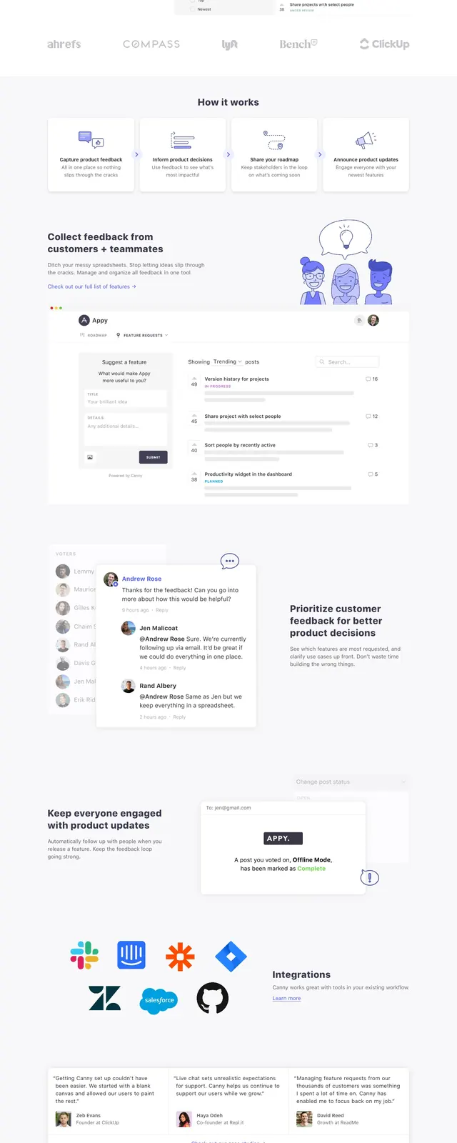 Canny product feedback landing page, corporate-clean, minimal, light