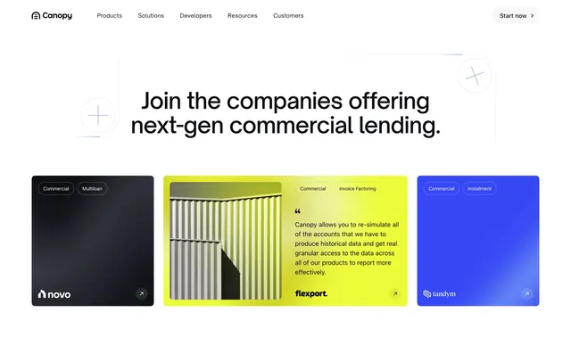 Canopy customers page hero with story cards, light-mode, minimal, light
