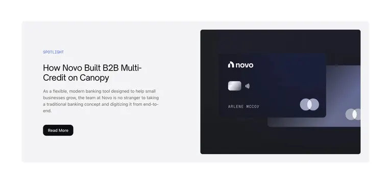 Canopy Novo customer spotlight card, light-mode, minimal, light