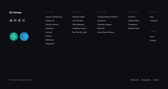 Canopy dark multi-column footer, dark-mode, minimal, dark