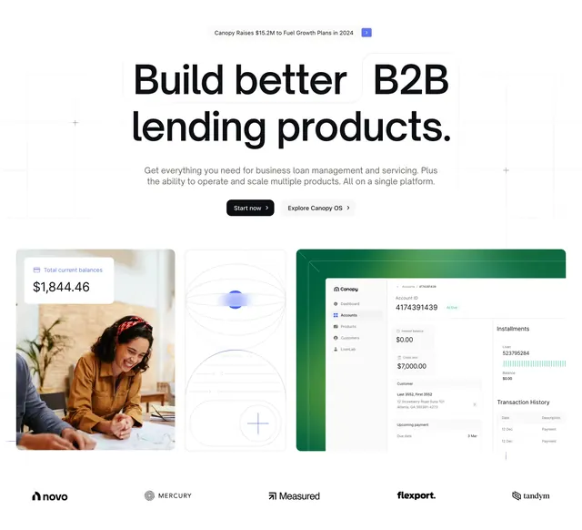 Canopy B2B lending homepage hero, light-mode, minimal, light