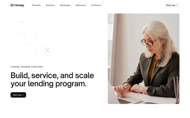 Canopy lending directors split hero, light-mode, minimal, light