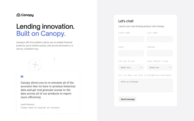 Canopy start page split hero with lead form, minimal, light-mode, light