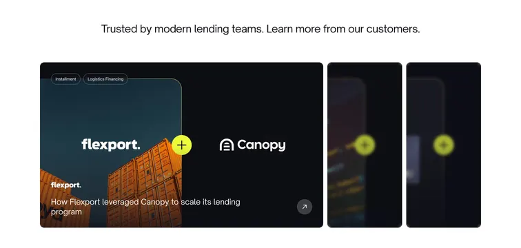 Canopy customer-story slider, dark-mode, minimal, dark