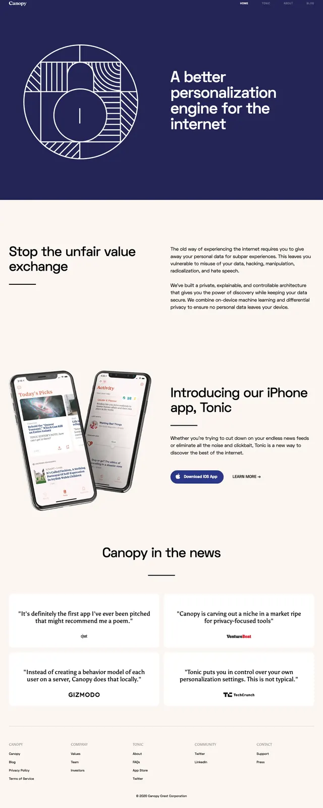 Canopy landing page, editorial, minimal, dark