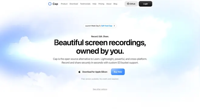 Cap sky-gradient screen-recording hero, light-mode, minimal, light