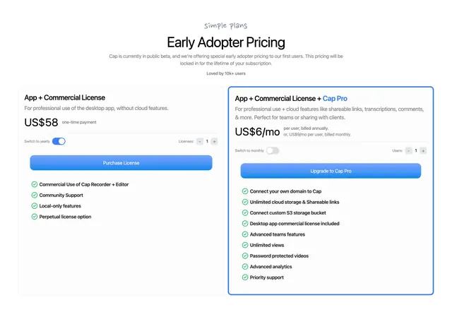 Cap two-plan early-adopter pricing, light-mode, minimal, light