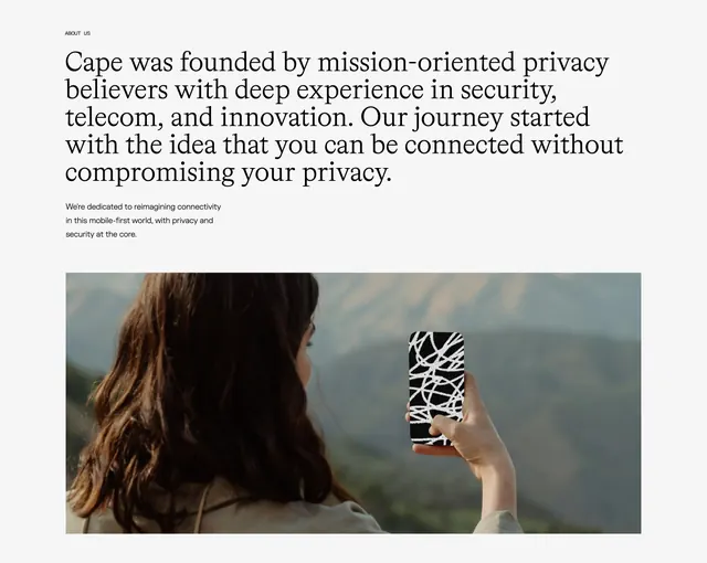 Cape about page editorial text and photo, minimal, light-mode, light