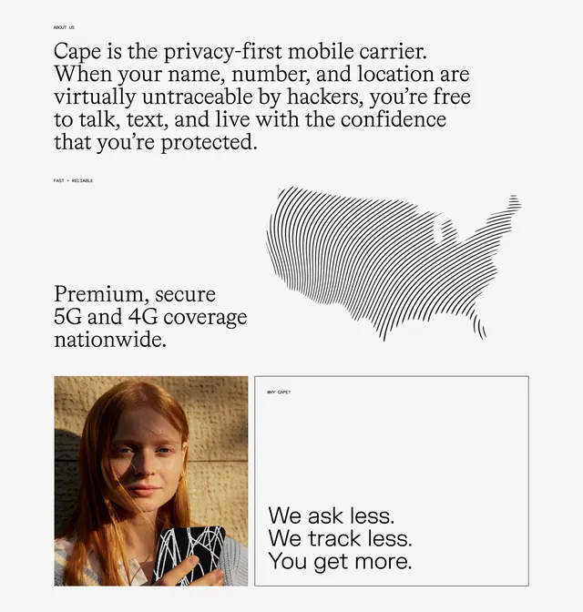 Cape home about multi-tier editorial grid, minimal, light-mode, light