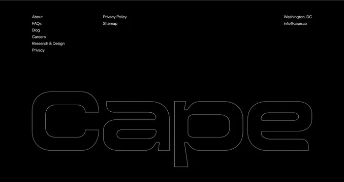 Cape dark footer with outlined wordmark, minimal, dark-mode, dark