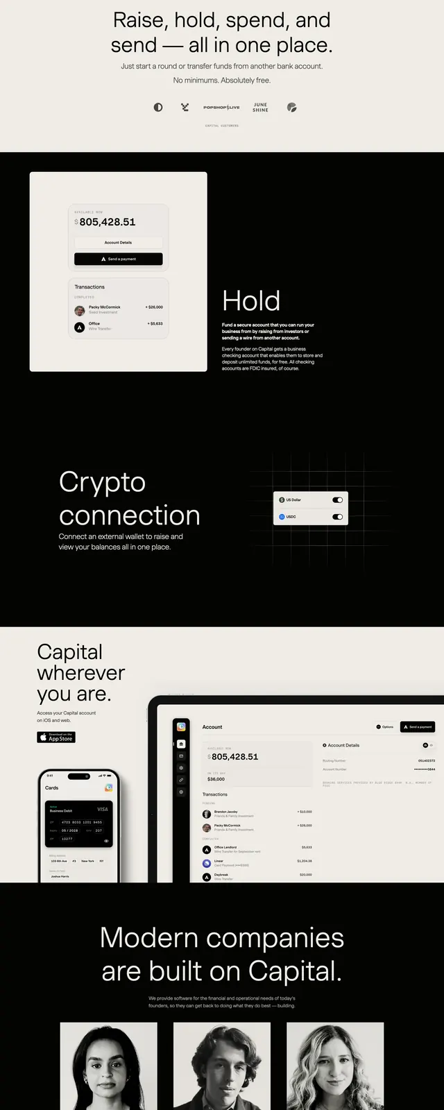Capital XYZ banking hero, minimal, editorial, dark