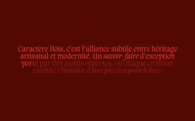 Caractere Bois mission statement on burgundy, minimal, dark-mode, dark