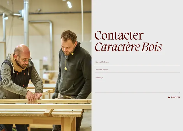 Caractere Bois split contact form, minimal, light-mode, light