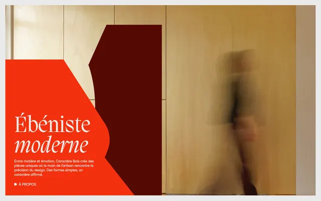 Caractere Bois ebeniste hero with color shapes, editorial, minimal, warm