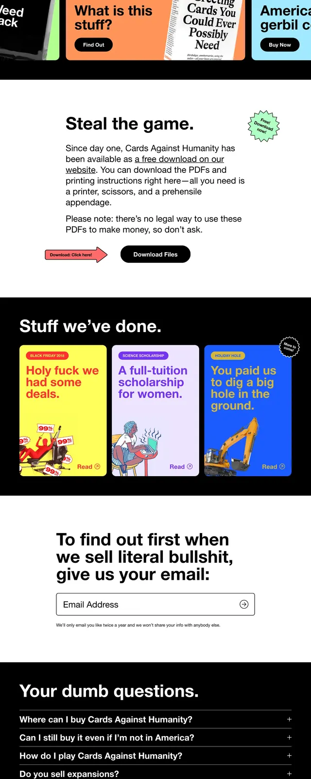 Cards Against Humanity landing page, playful, editorial, dark