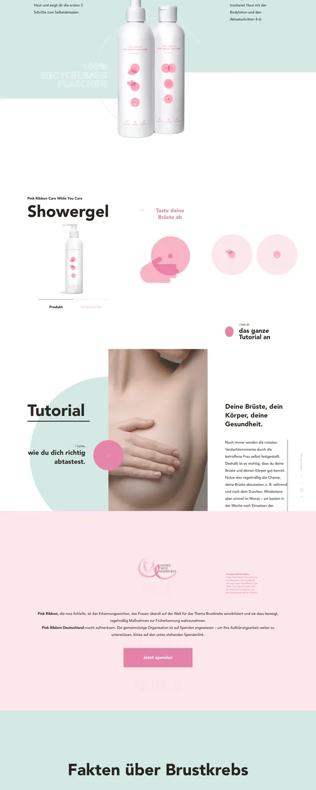 Pink Ribbon care campaign landing page, editorial, minimal, light