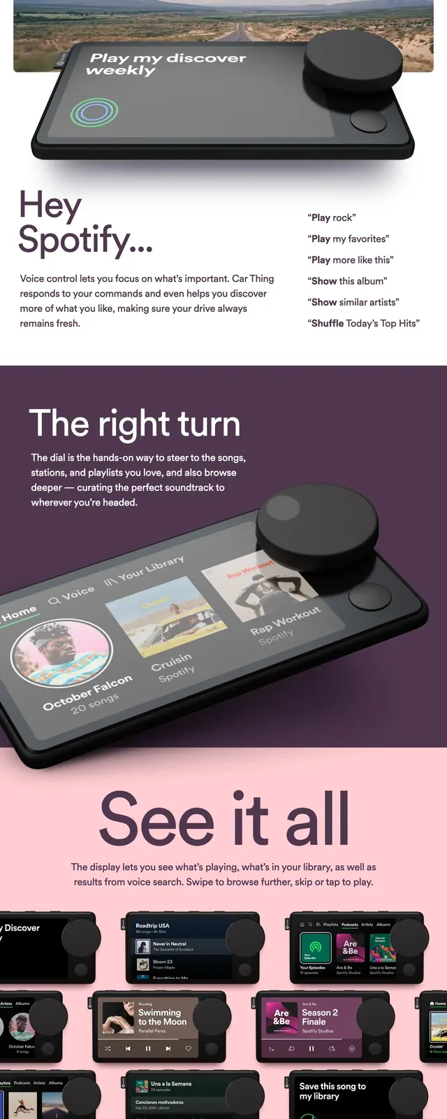 Spotify Car Thing landing page, editorial, photographic, pastel