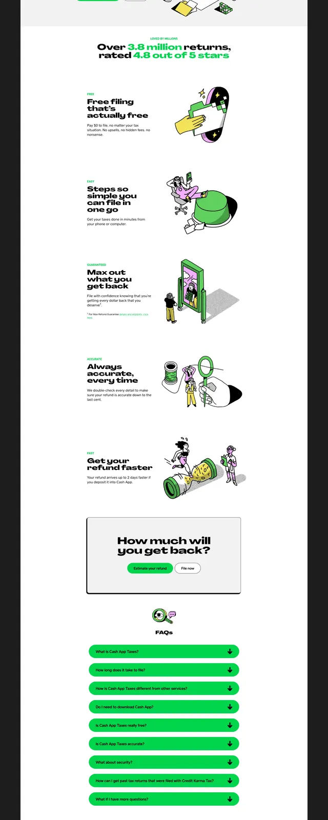 Cash App Taxes landing page, minimal, illustrated, light