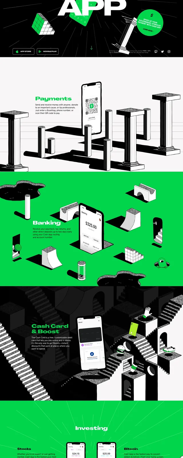 Cash App maximalist homepage, maximalist, 3d-render, dark